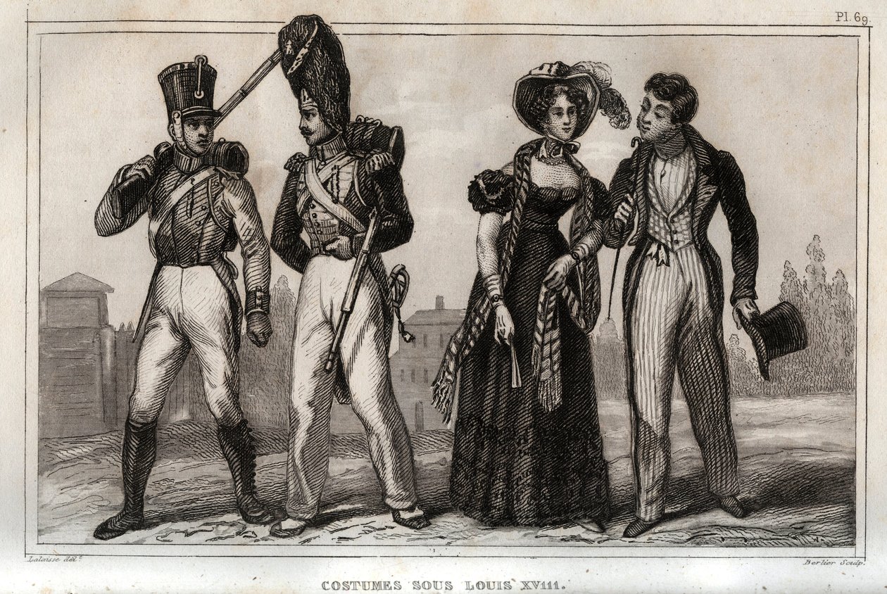 Kostüme unter Louis XVIII. Gravur von 1859 in „Le Monde. Geschichte aller Völker von den frühesten Zeiten bis zur Gegenwart“. von M. E. de Lostalot-Bachoue. Private Sammlung. von Anonymous Anonymous
