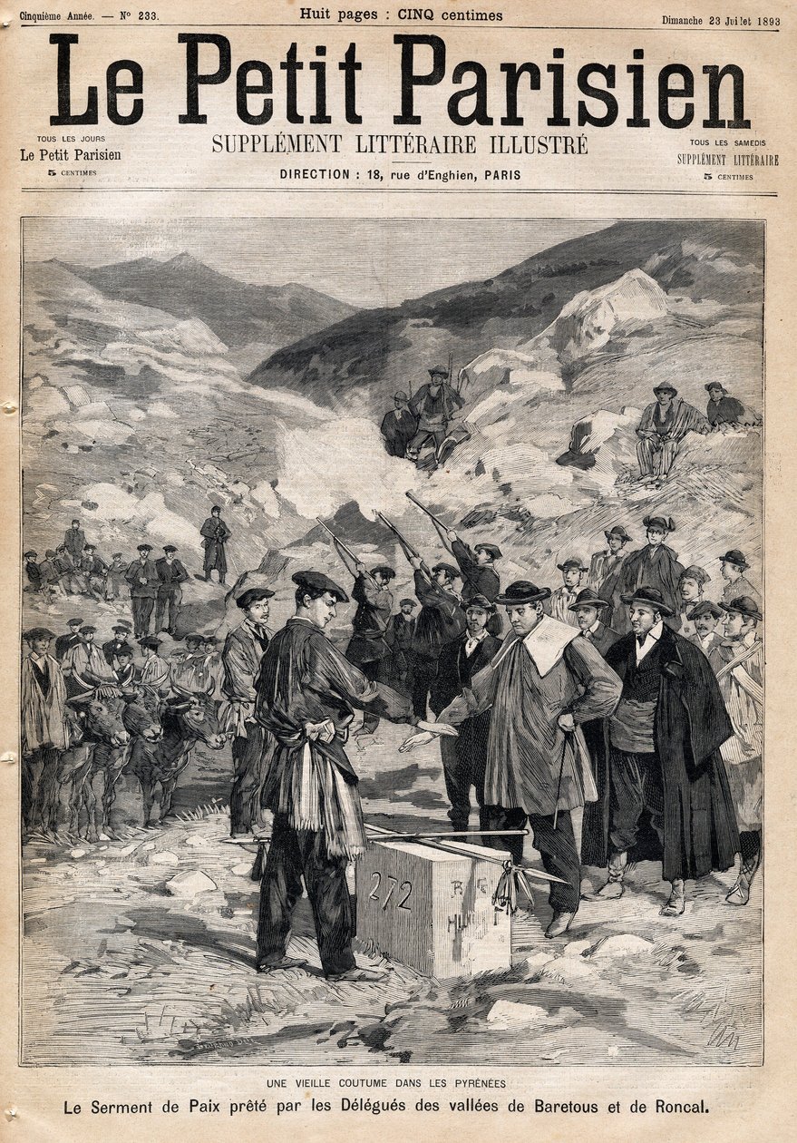 Brauch der Pyrenäen: der Friedenseid der Delegierten der Täler von Baretous und Roncal. In „Le Petit Parisien“ am 23.07.1893 von Anonymous Anonymous