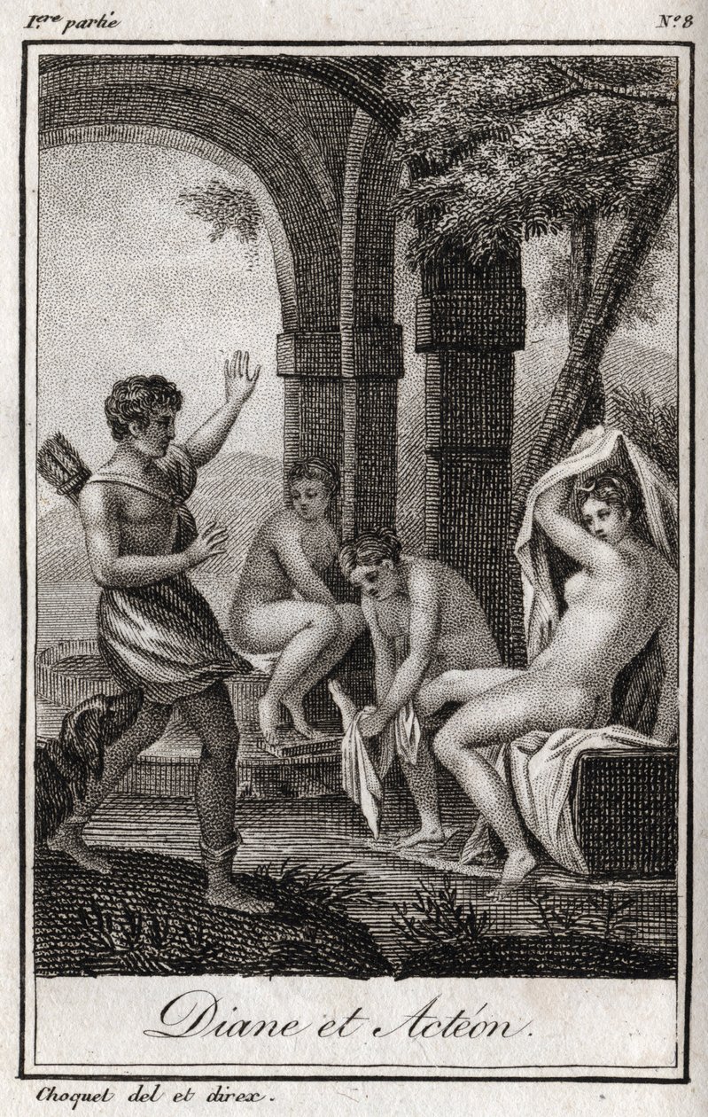 Diana und Actaeon. Diana überrascht im Bad von dem Jäger Actaeon. Gravur von 1819 in „Lettres à Emilie sur la mythologie“ von Charles Albert Demoustier (1760-1801). Private Sammlung von Anonymous Anonymous