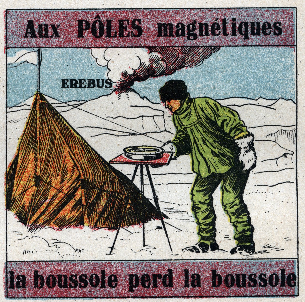 Terrestrischer Magnetismus: an magnetischen Polen verliert der Kompass die Orientierung. Wissenschaftler James Clark Ross (1800-1862) benutzt einen Kompass während seiner wissenschaftlichen Expedition in die Antarktis. Hinter ihm der Erebus-Vulkan, den er  von Anonymous Anonymous