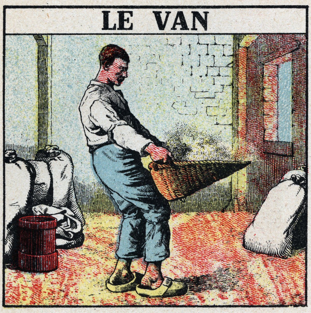 Elektrische Werkzeuge: der Wagen oder Weidenkorb zur Getreidereinigung vor der Erfindung elektrischer Maschinen. Anonyme Illustration von 1925. Private Sammlung. von Anonymous Anonymous