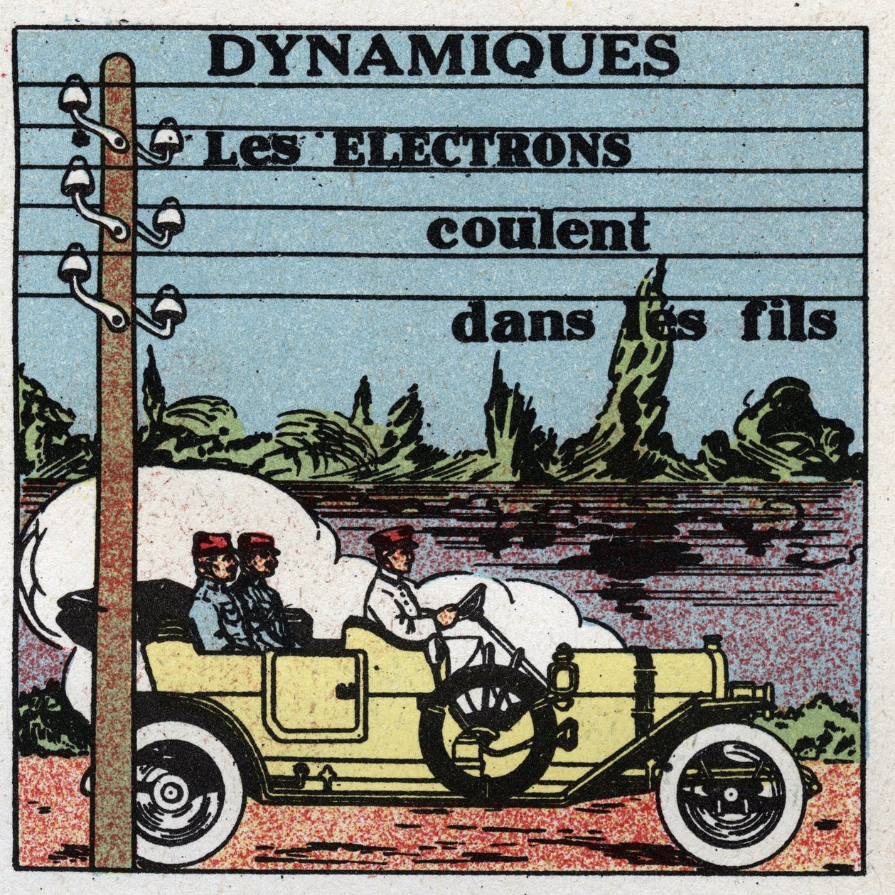 Elektrische Phänomene: Dynamische Phänomene. Elektronen fließen durch elektrische Drähte. Anonyme Illustration von 1925. Private Sammlung. von Anonymous Anonymous