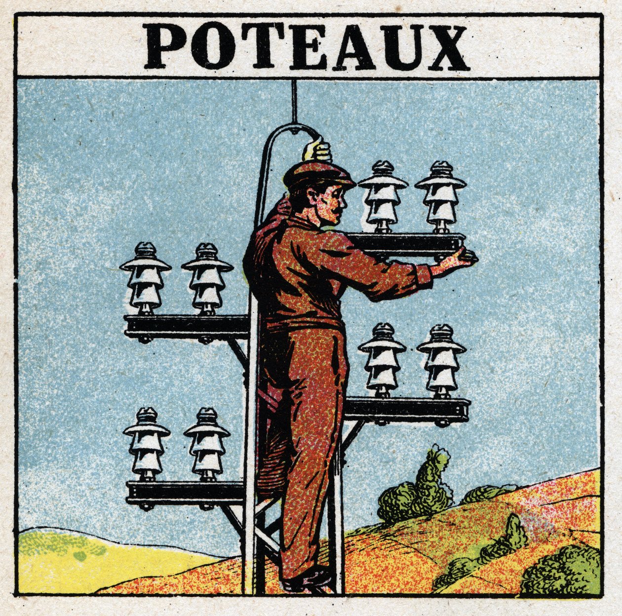Elektrische Leitungen: Strommasten. Anonyme Illustration von 1925. Private Sammlung. von Anonymous Anonymous