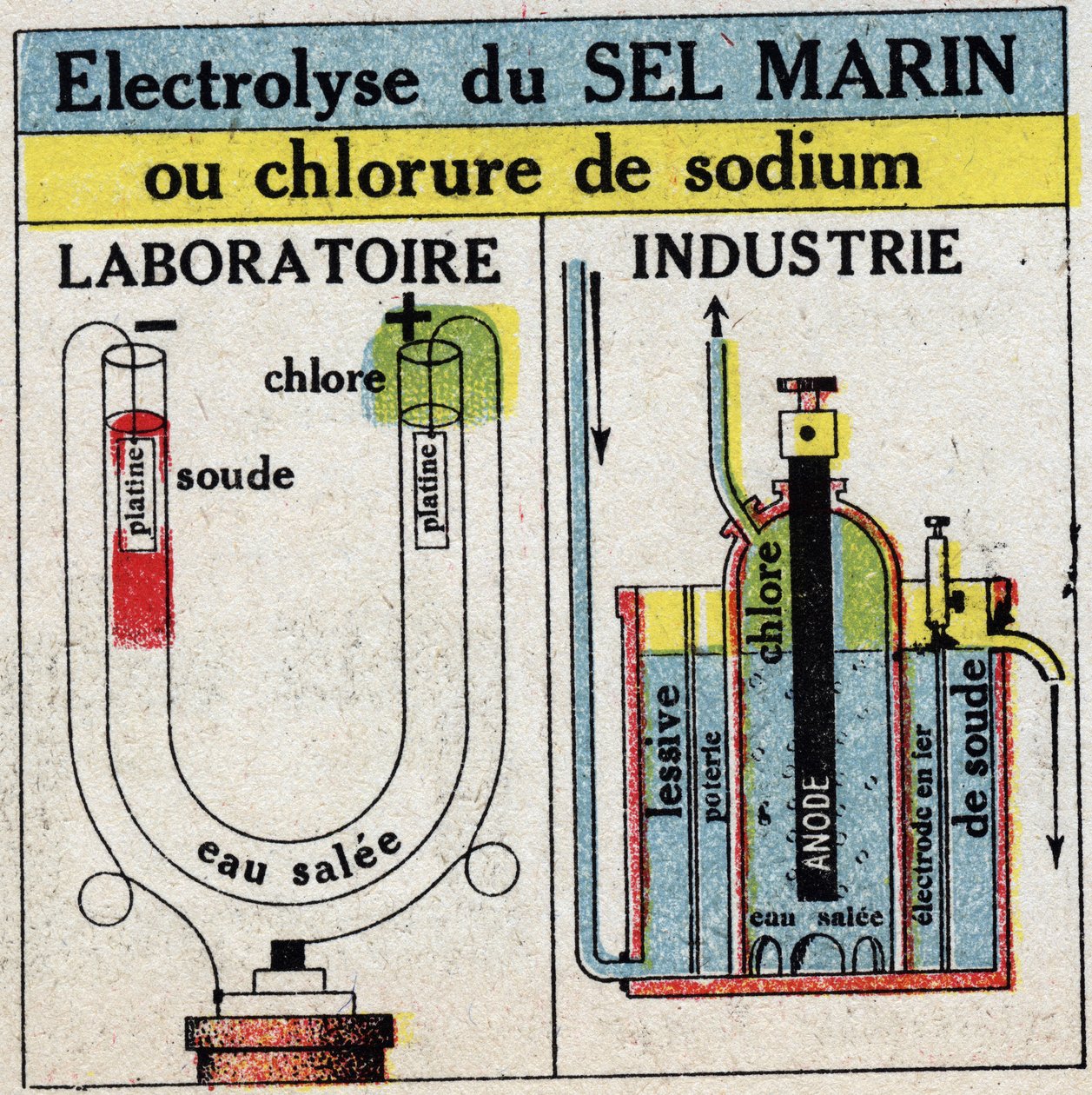 Elektrochemie: Elektrolyse von Meersalz oder Natriumchlorid. Anonyme Illustration von 1925. Private Sammlung. von Anonymous Anonymous