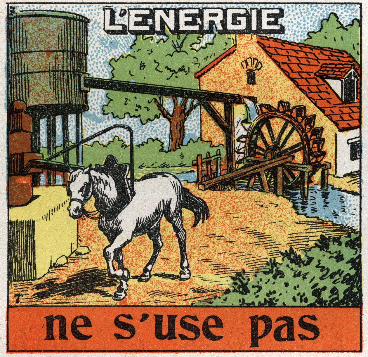 Energie nutzt sich nicht ab: Pferd an einem Karussell hört Wasser in einem Reservoir. Anonyme Illustration von 1925. Private Sammlung. von Anonymous Anonymous