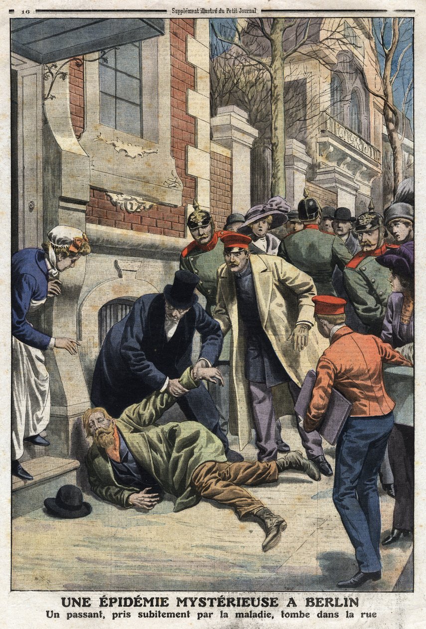 Epidemie in Berlin: Ein Passant, der plötzlich von der Krankheit erfasst wird, fällt auf die Straße. Es war eine Vergiftung durch gefälschte Getränke. Gravur in „Le Petite Journal“ von Anonymous Anonymous