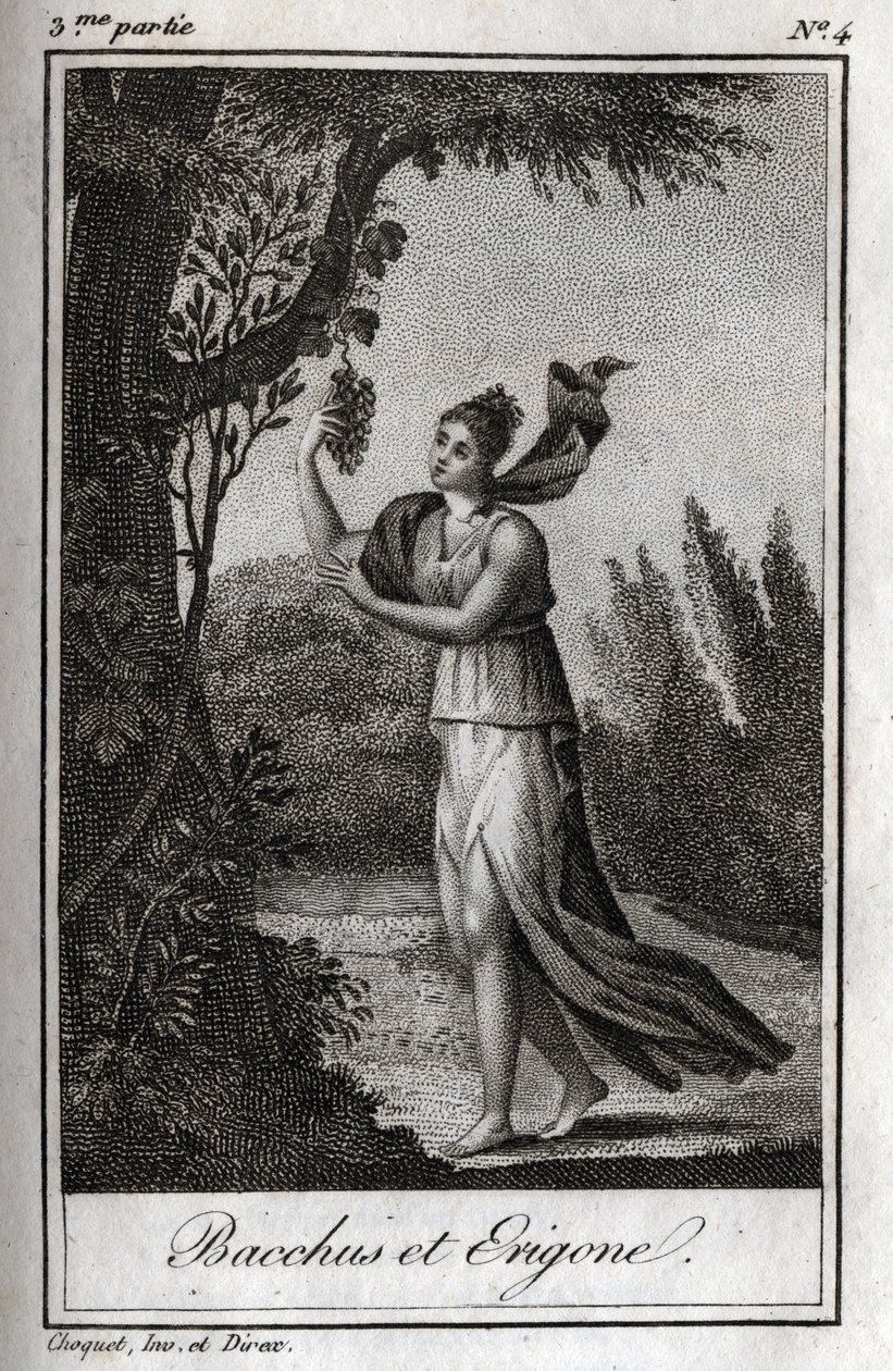 Erigo und Bacchus, Gravur von 1819 in „Lettres à Emilie sur la mythologie“ von Charles Albert Demoustier (1760-1801). Privatsammlung. von Anonymous Anonymous