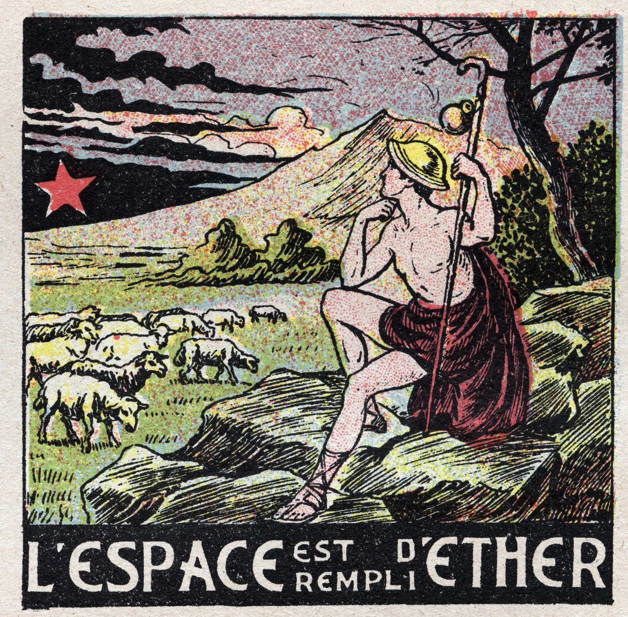 Äther (Material): der Raum ist mit Äther gefüllt. Ein Hirte aus der Antike betrachtet den Himmel. Anonyme Illustration von 1925. Private Sammlung. von Anonymous Anonymous