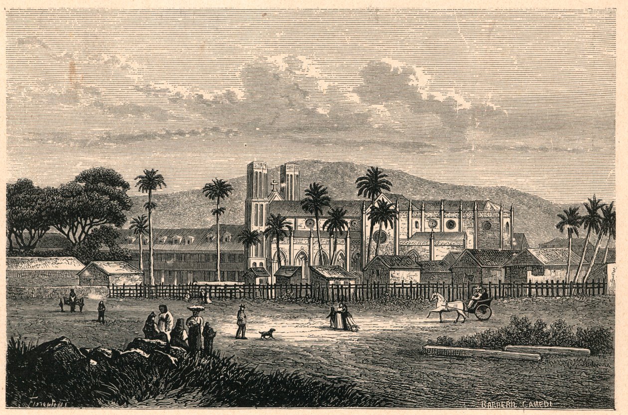 Außenansicht der Kathedrale von Port of Spain in Trinidad. Gravur in „Les Missions Catholiques au XIXeme Siecle“ von Louis-Eugene Louvet. Private Sammlung von Anonymous Anonymous