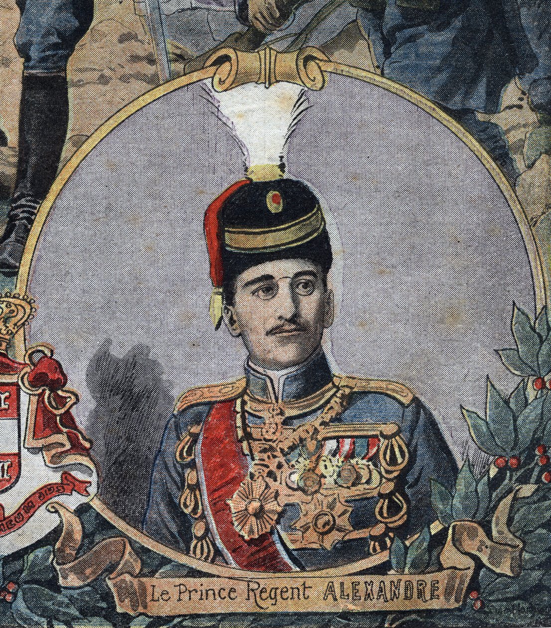 Erster Weltkrieg 1914-1918: Porträt des Prinzregenten von Serbien Alexander, der König Alexander I. von Jugoslawien oder Alexander II. von Serbien (1888-1934) wurde. Gravur in „Le Petite Journal“ von Anonymous Anonymous