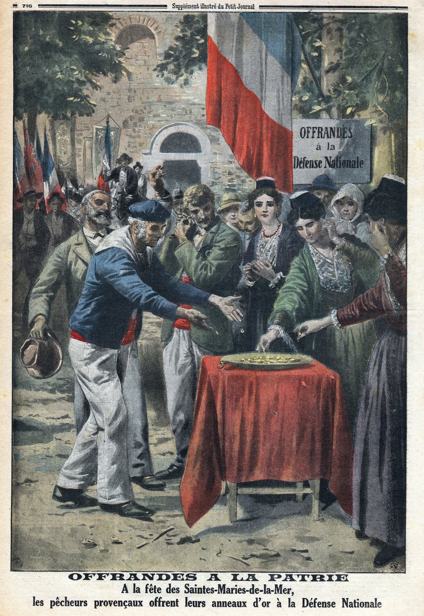 Erster Weltkrieg 1914-1918 (Krieg 14-18). Beim Fest der Heiligen Marien von der Meer (Saintes-Maries-de-la-Mer) boten die Seeleute der Nation die Goldringe an, um Hilfe für die nationale Verteidigung zu finanzieren. In „Le Petite Journal“, am 12.11.1916. P von Anonymous Anonymous