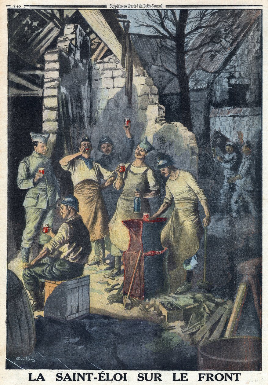 Erster Weltkrieg 1914-1918. Feier des Heiligen Eloi (Saint-Eloi) von Soldaten an der Front. Sie trinken alle ein Glas Rotwein zur Feier. In 