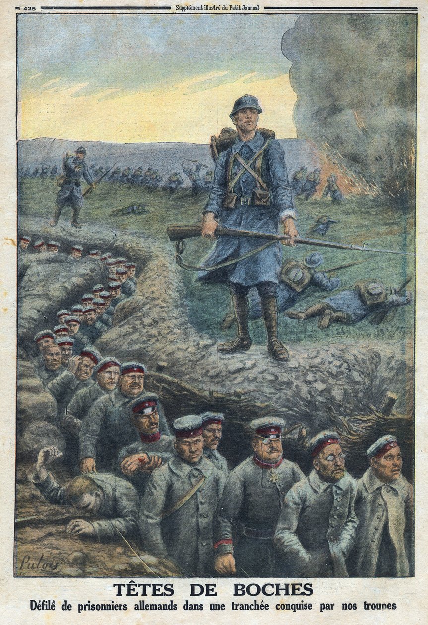 Erster Weltkrieg 1914-1918. „Kopfjäger“: Deutsche Gefangene marschieren in einem von den Truppen der französischen Armee eroberten Graben. In „Le Petite Journal“, am 5.03.1916. Private Sammlung von Anonymous Anonymous