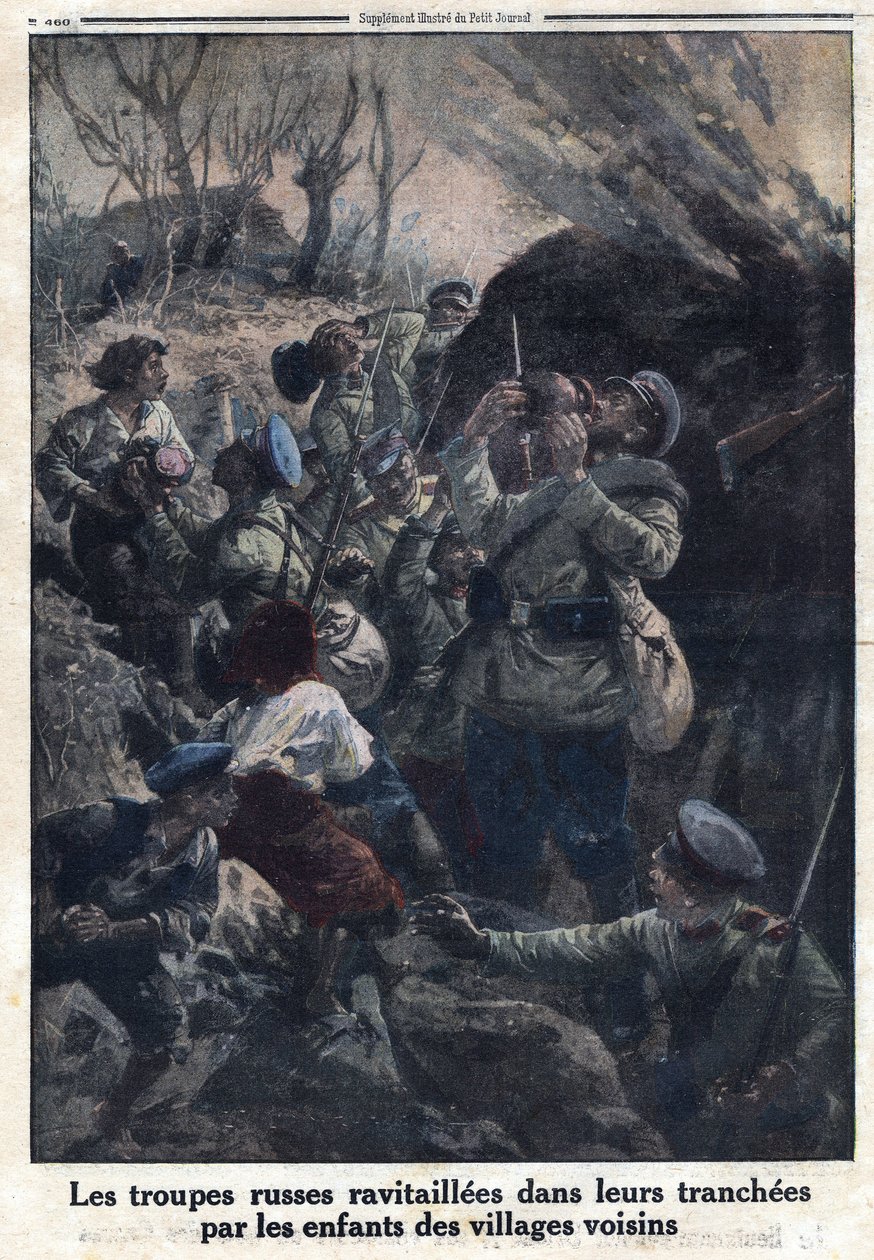 Erster Weltkrieg 1914-1918 (Krieg 14-18). Russische Militärtruppen werden in ihren Schützengräben von Kindern aus benachbarten Dörfern versorgt. In „Le Petite Journal“, am 02.04.1916. Private Sammlung von Anonymous Anonymous