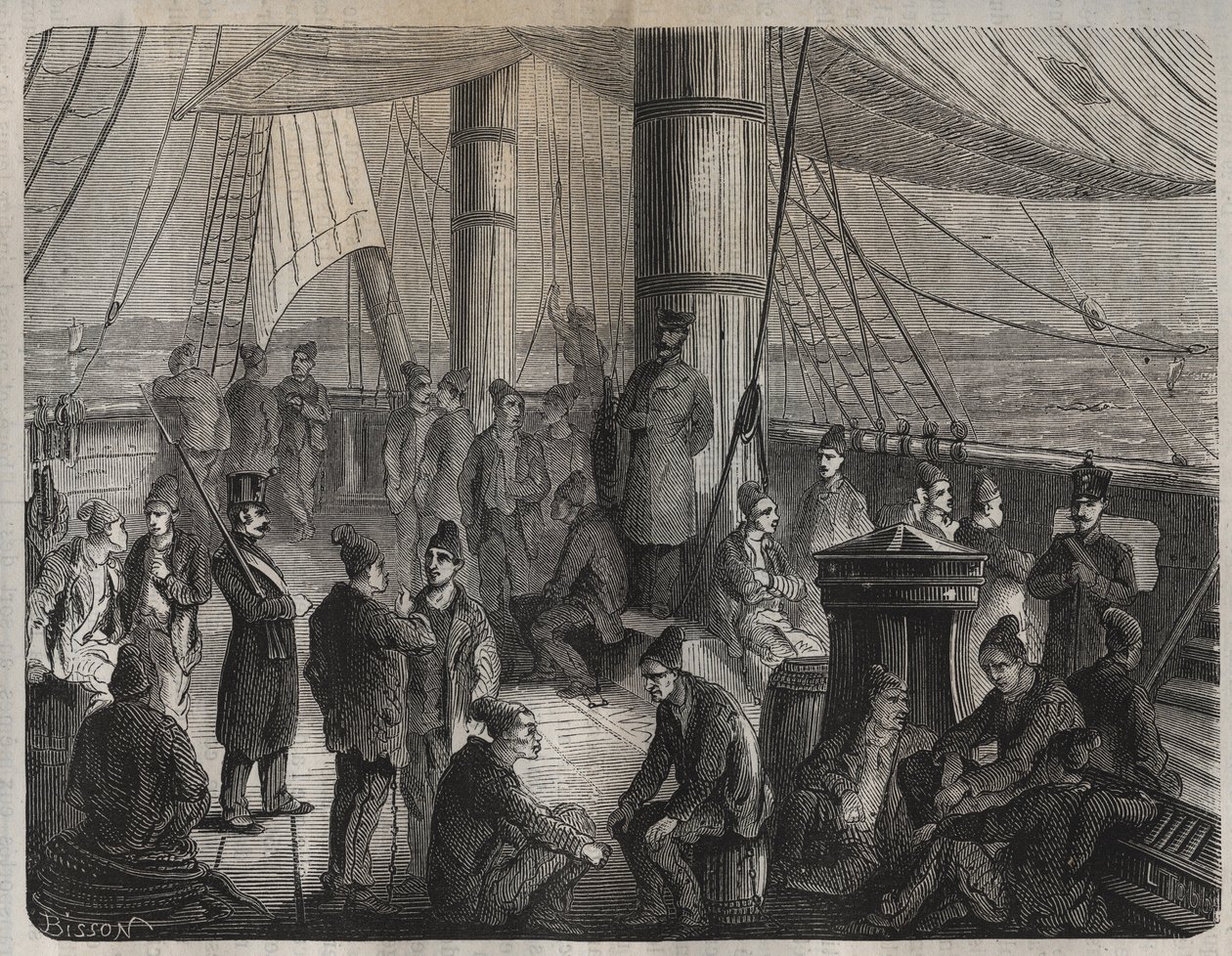 Erster Konvoi von Kräften von Toulon nach Cayenne (Guyana) unter dem Dekret vom 8. Dezember 1851. Gravur in „Histoire des bagnes depuis leur création à nos jours“ (1877) von Pierre Zaccone. Private Sammlung. von Anonymous Anonymous