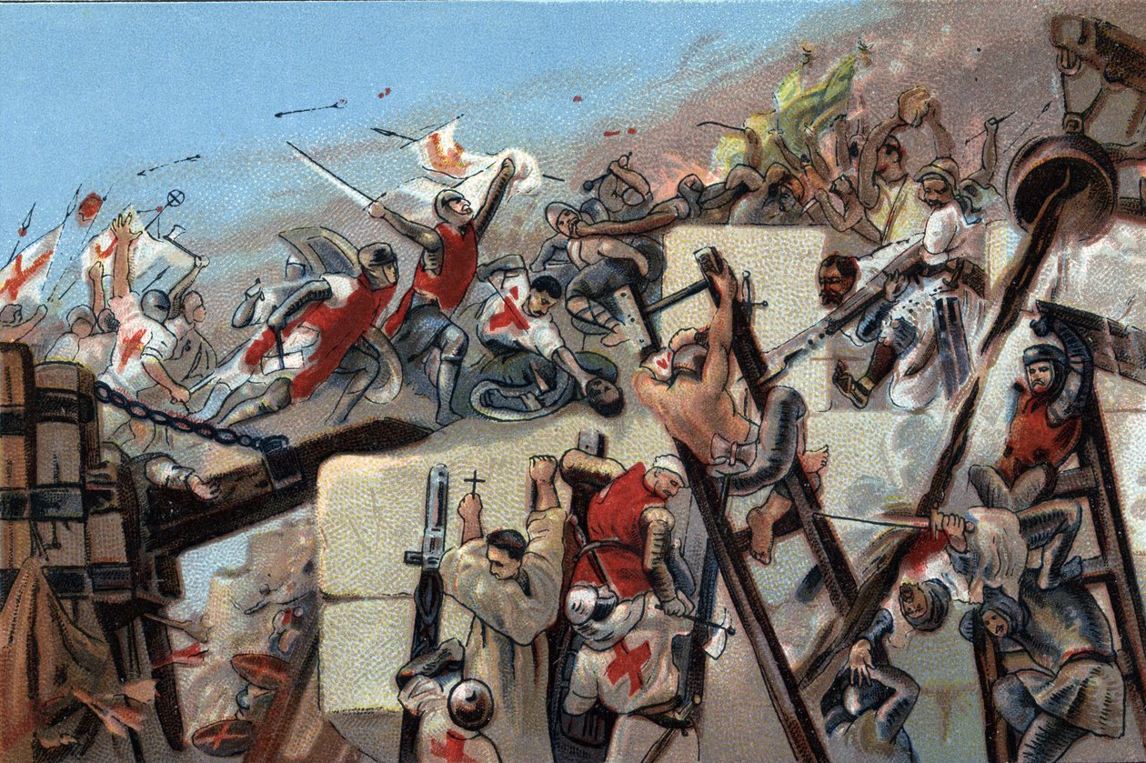 Erster Kreuzzug (1096-1099): die Eroberung Jerusalems durch die Kreuzfahrer unter der Führung von Godefroy von Bouillon (1061-1100) am 15. Juli 1099. Werbechromolithographie von Antoine Chocolates in Brüssel, Anfang des 20. Jahrhunderts. Private Sammlung von Anonymous Anonymous