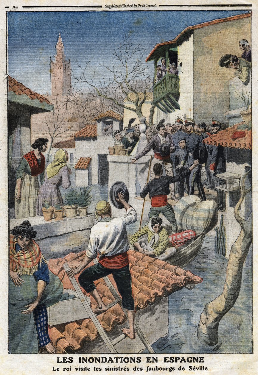 Überschwemmungen in Spanien: König Alfons XIII. (1886-1941) besucht die unheilvollen Vororte von Sevilla. Gravur in „Le Petite Journal“, am 25.02.1912. Private Sammlung. von Anonymous Anonymous