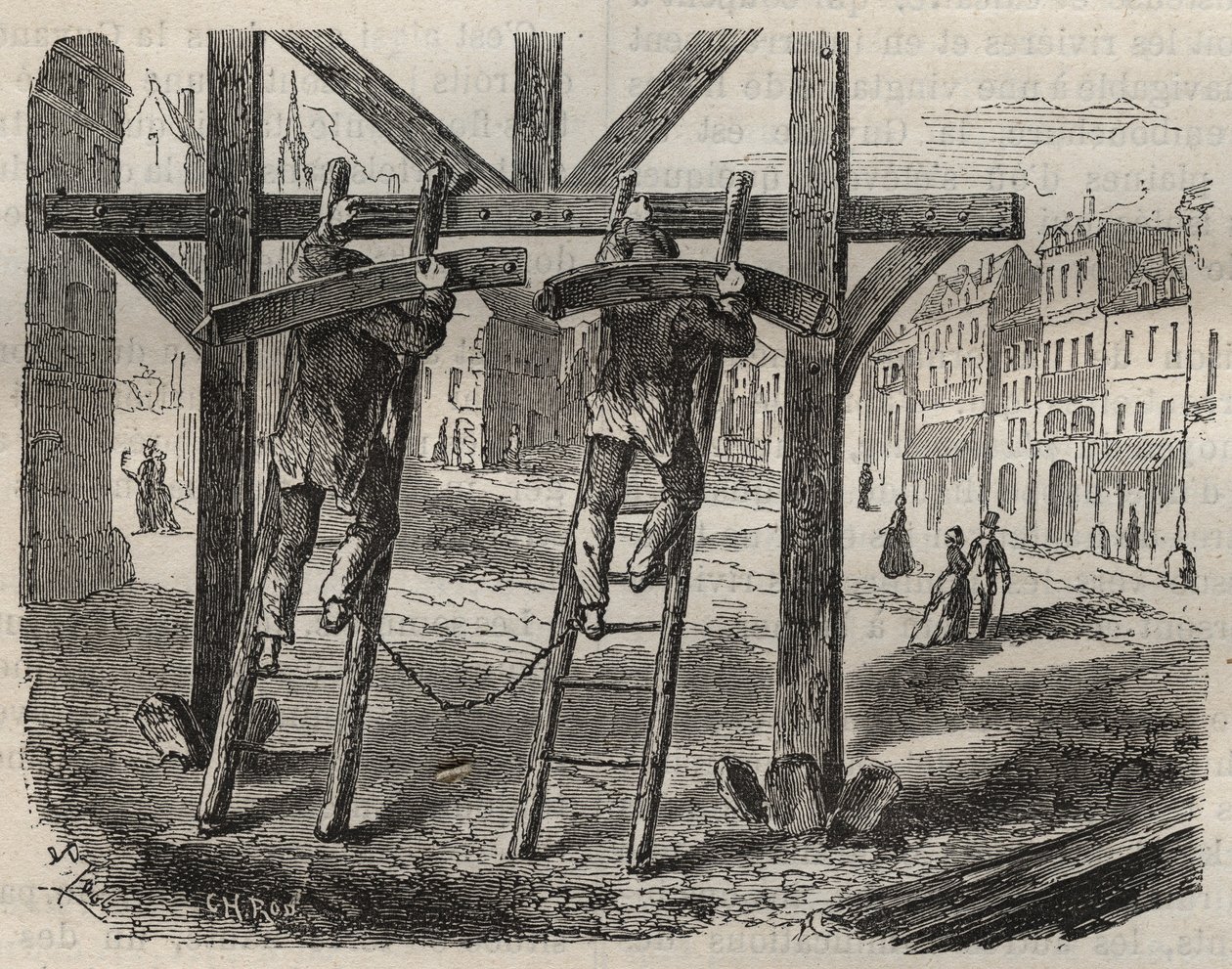 Sträflingszimmerleute im Toulon-Bagne im 19. Jahrhundert. Gravur in „Histoire des bagnes depuis leur création à nos jours“ (1877) von Pierre Zaccone (1817-1895). Private Sammlung. von Anonymous Anonymous