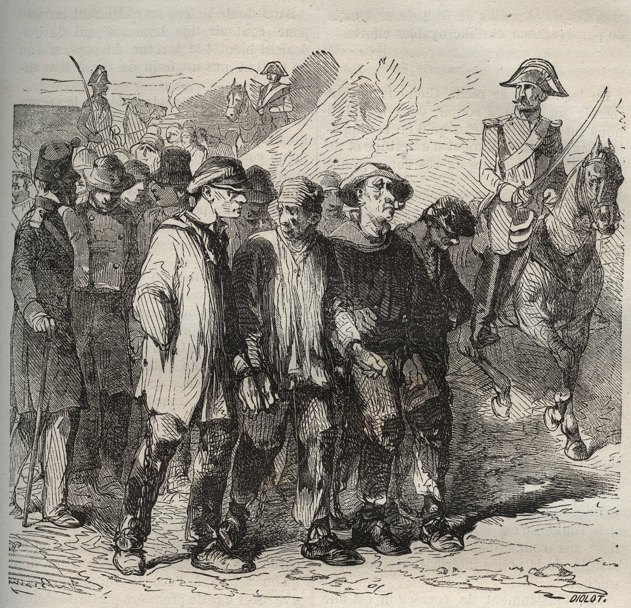 Sträflinge im Marsch im Bagne de Rochefort im 19. Jahrhundert. Gravur in „Histoire des bagnes depuis leur création à nos jours“ (1877) von Pierre Zaccone. Private Sammlung. von Anonymous Anonymous