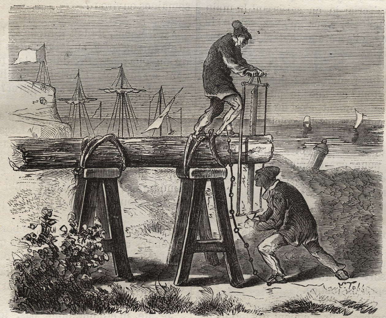 Sträflinge im Saint-Laurent-Penitentiär in Cayenne (Französisch-Guayana) im 19. Jahrhundert. Gravur in „Histoire des bagnes depuis leur création à nos jours“ (1877) von Pierre Zaccone (1817-1895). Private Sammlung. von Anonymous Anonymous