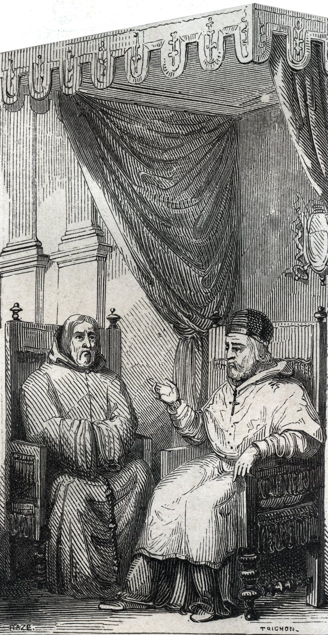 Franz von Paola, Gründer des römisch-katholischen Ordens der Minimiten und Papst Sixtus IV. - Gravur von 1846 in „Lives of the Saints“. Private Sammlung von Anonymous Anonymous