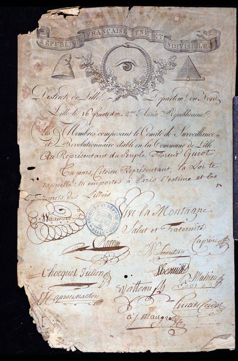 Französische Revolution: Bürgerschaftsbescheinigung von Guiot de Saint-Florent (Saint Florent) genannt Florent-Guiot (oder Florent-Guyot) (1735-1834), ein Revolutionär und Vertreter des Volkes, durch das Revolutionäre Komitee von Lille datiert 16 Jahre II  von Anonymous Anonymous