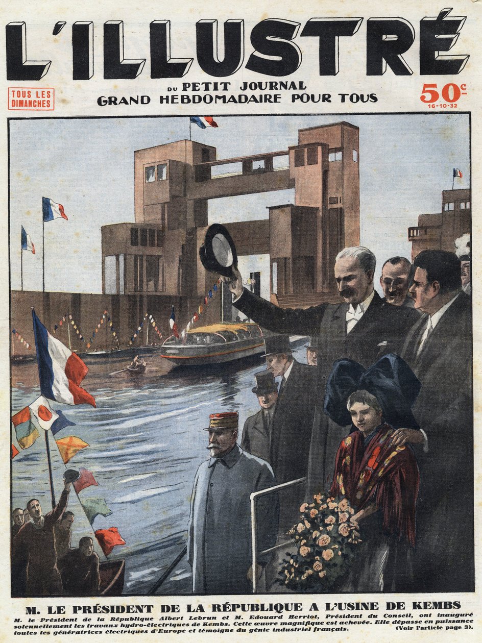 Französische Industrie: Albert Lebrun (1871-1950), Präsident der Republik, und Edouard Herriot (1872-1957), Präsident des Rates, eröffneten das Wasserkraftwerk von Kembs im Haut-Rhin (Hochrhein) im Elsass. Titelgravur von „L