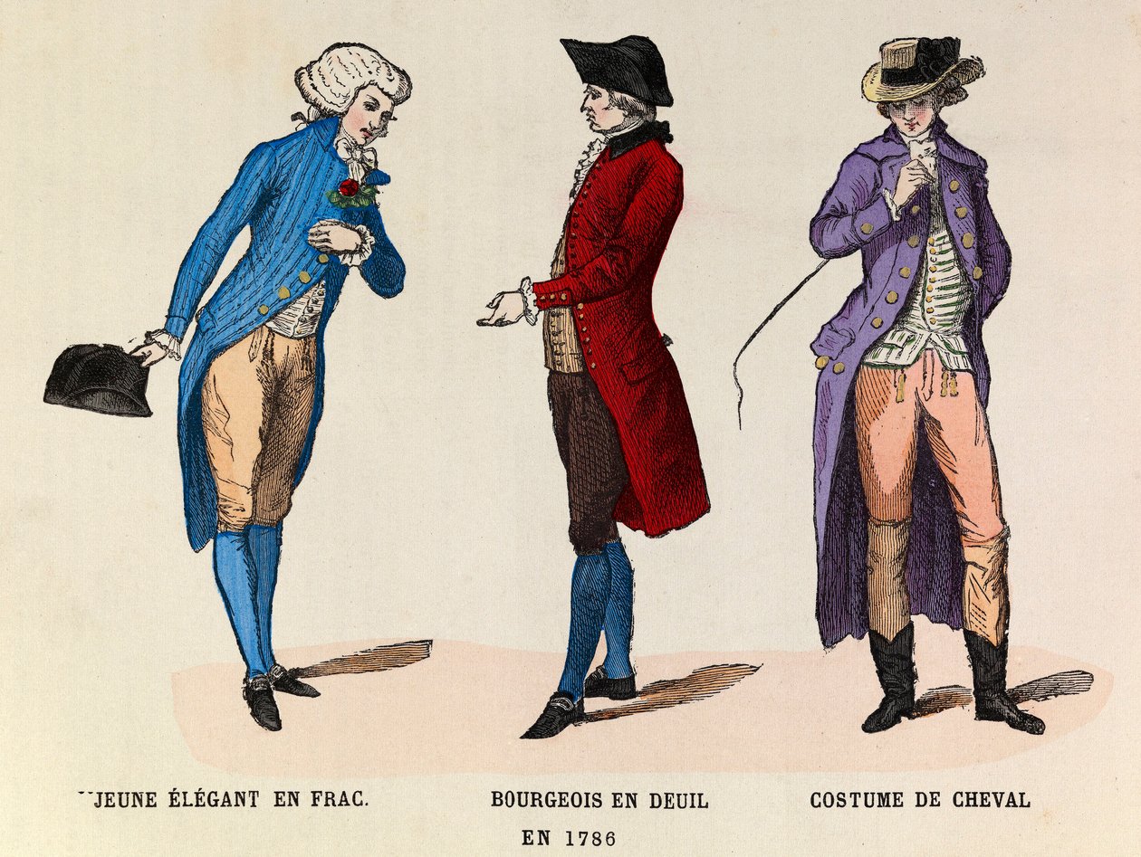 Von links nach rechts: Ein junger Eleganter im Frack; Ein Bürger in Trauer und ein Reitanzug 1786 von Anonymous Anonymous