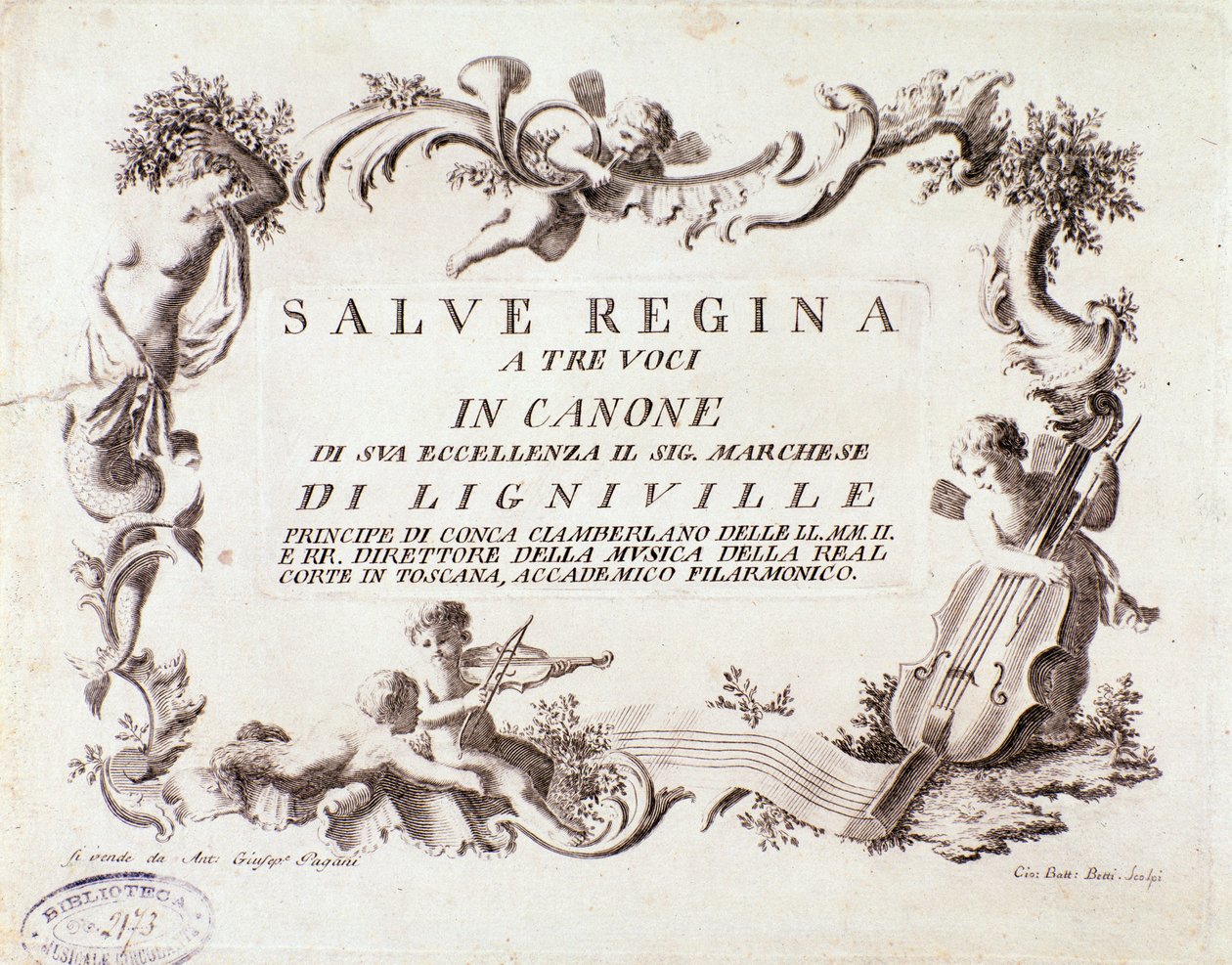 Frontispiz einer Partitur des Salve Regina Hymnus für drei Stimmen von Marquis von Ligneville (1768) von Anonymous Anonymous