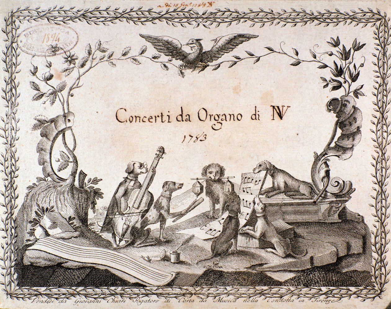 Frontispiz einer Partitur mit Darstellung von Tieren, die Musikinstrumente spielen (1783) von Anonymous Anonymous