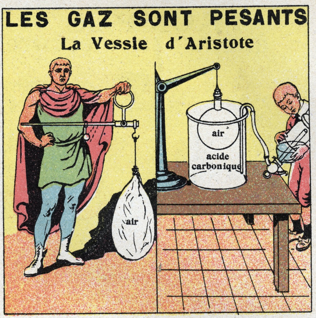 Gasdruck: Die Gase sind schwer. Experiment mit der Blase von Aristoteles (384-322 v. Chr.) über die Schwerkraft der Luft. Er bläst eine Blase mit Luft auf und stellt fest, dass die aufgeblasene Blase mehr wiegt als eine leere Blase. Anonyme Illustration vo von Anonymous Anonymous