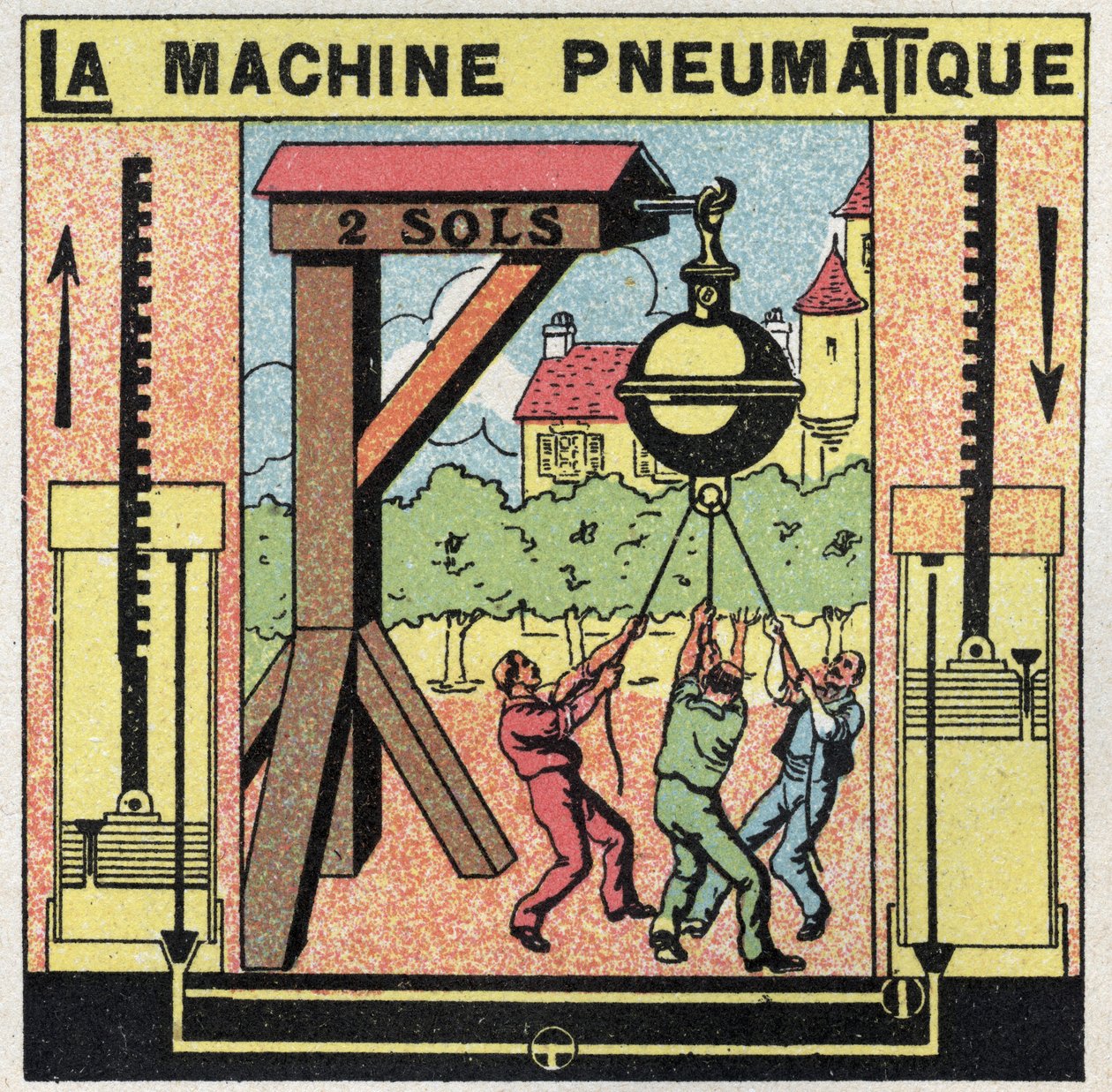 Gasdruck: die pneumatische Maschine. Auf einem Jahrmarkt wurden riesige Halbkugeln installiert, die Männer vergeblich zu trennen versuchten. Attraktion inspiriert von dem Experiment von Otto von Guericke. von Anonymous Anonymous