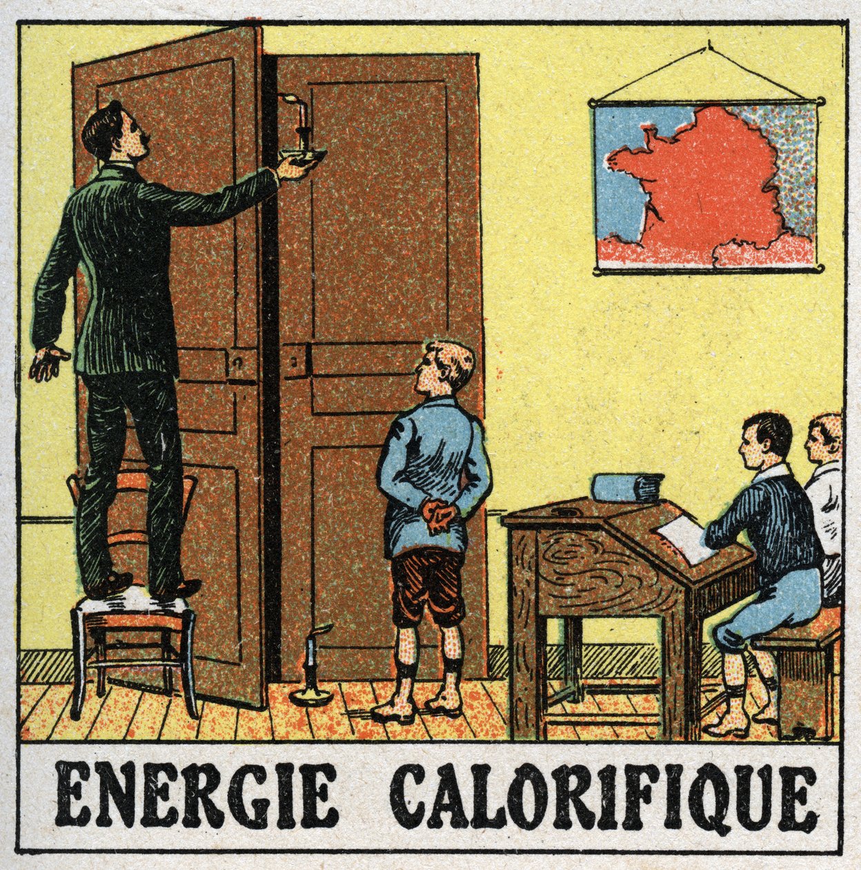 Wärmeenergie: Ein Lehrer hält in einem Klassenzimmer eine Kerze nahe einer offenen Tür. Anonyme Illustration von 1925. Private Sammlung. von Anonymous Anonymous