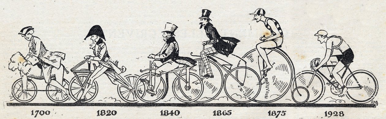 Geschichte des Fahrrads: verschiedene Modelle von 1700 bis 1928. Gravur in „Le petit journal illustrious“ von Anonymous Anonymous