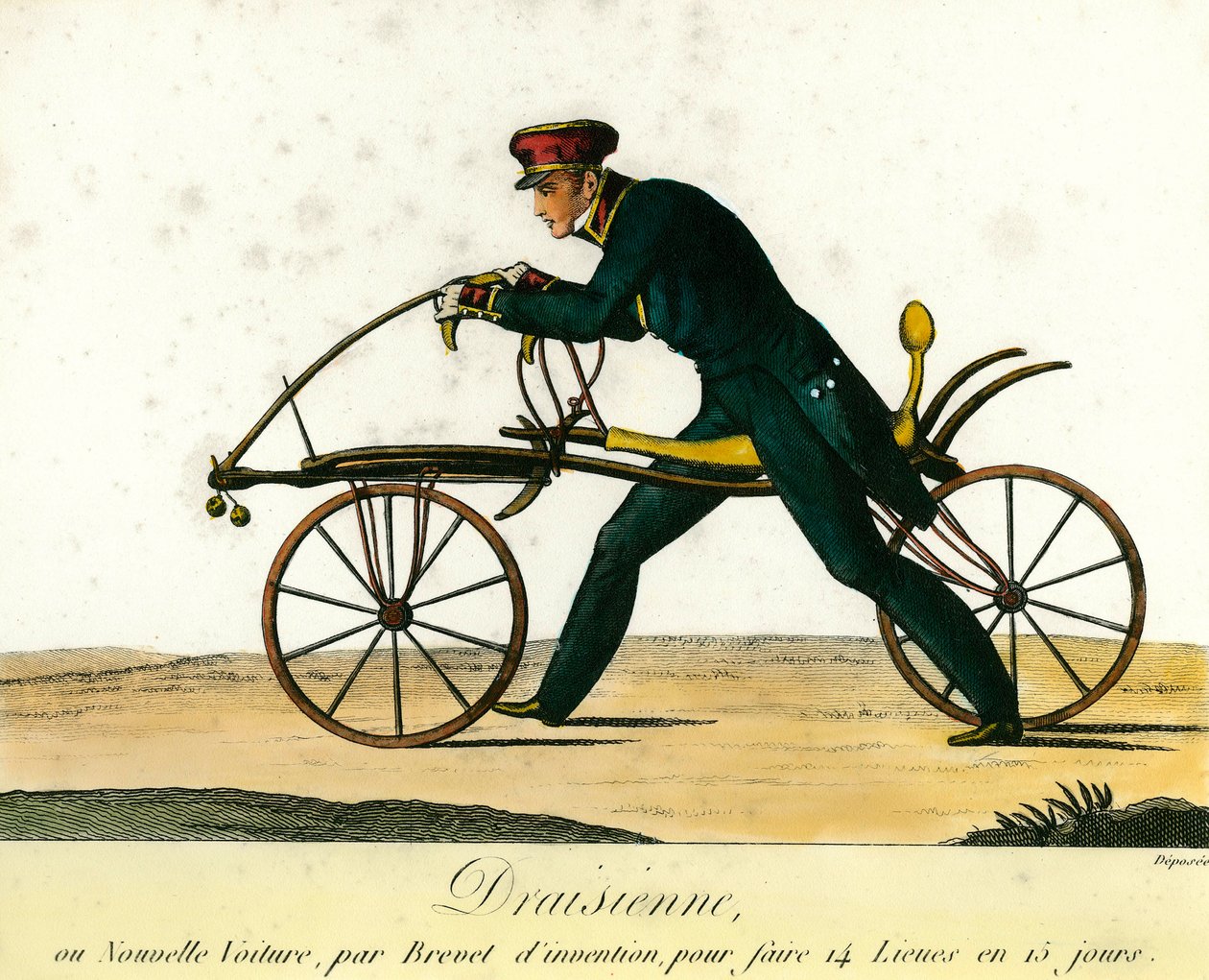Geschichte des Fahrrads: die Draisine, ein sehr beliebtes neues Fahrzeug um 1818. Gravur von 1818. Private Sammlung von Anonymous Anonymous