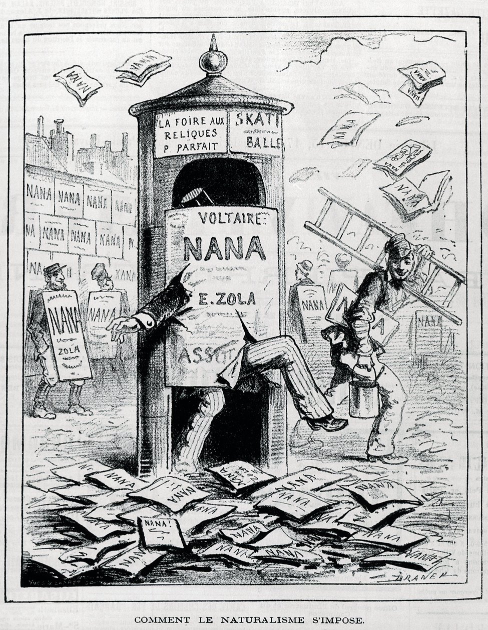 Wie der Naturalismus auferlegt wird: satirische Zeichnung über den naturalistischen Roman über das Buch „Nana“ von Emile Zola. Gravur des 19. Jahrhunderts. Private Sammlung. von Anonymous Anonymous
