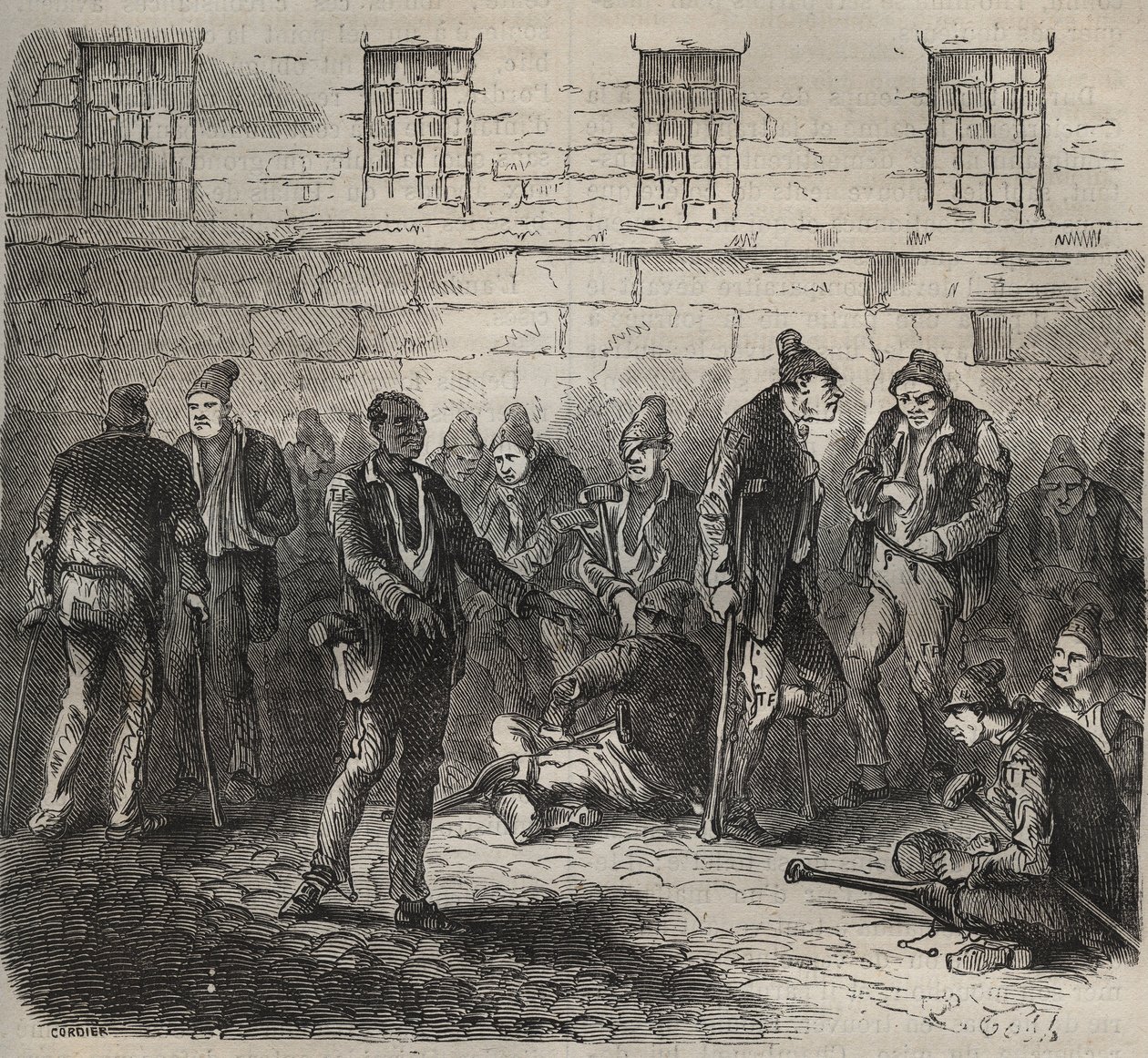 Schwache Kräfte im Toulon Bagne im 19. Jahrhundert. Gravur in „Histoire des bagnes depuis leur création à nos jours“ (1877) von Pierre Zaccone. Private Sammlung. von Anonymous Anonymous