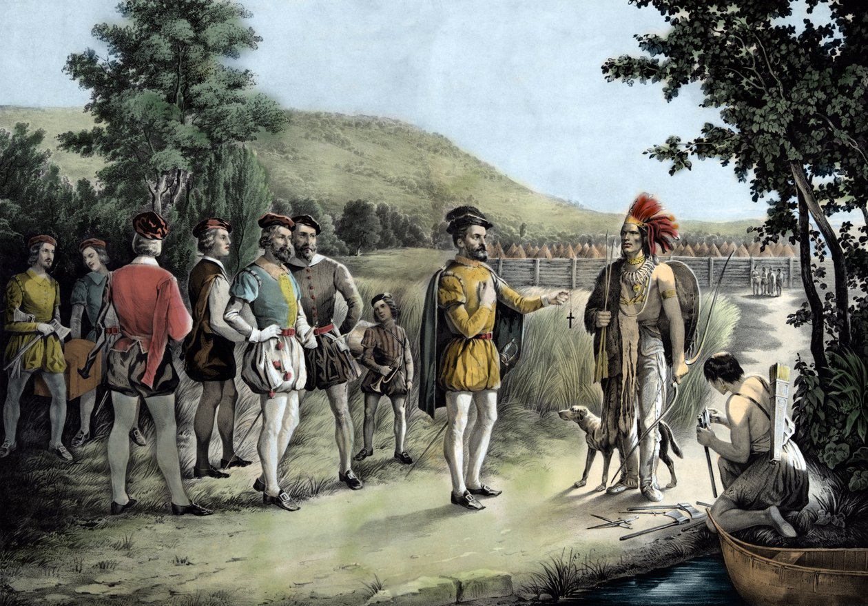Jacques Cartier, sein erstes Treffen mit den Indianern in Hochelaga, dem heutigen Montreal, 1535 (Lithografie) von Anonymous Anonymous
