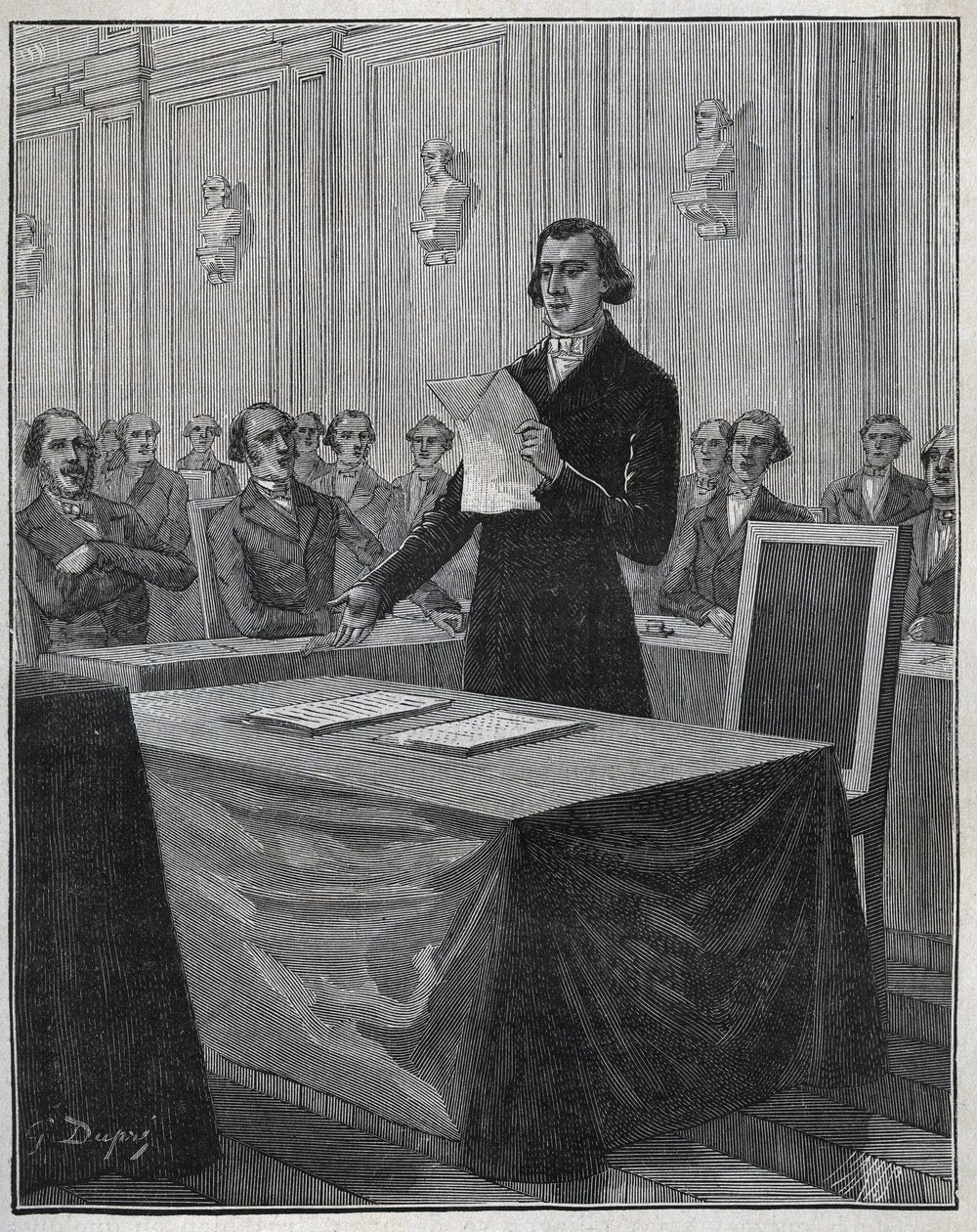 Jean Baptiste Andre Dumas (1800-1884), französischer Chemiker, präsentiert der Akademie der Wissenschaften seinen Bericht über die Erfindung von Ruolz und Elkington. Gravur aus 1885 in „Les arts et metiers illustres“ von Adolphe BITARD. von Anonymous Anonymous