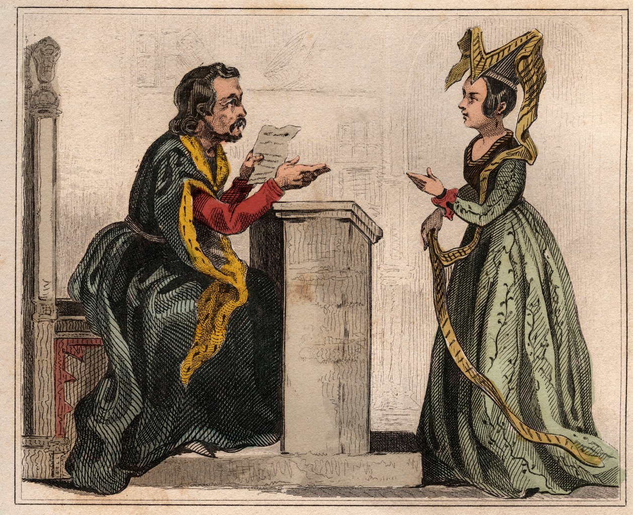 Jehan Pastoret (1328-1405), Präsident des Pariser Parlaments unter der Herrschaft von Karl V. mit einer adligen Frau, die einen Liripion trägt. Gravur von 1859 in „Le Monde. Geschichte aller Völker von den frühesten Zeiten bis zur Gegenwart“ von M. E. de L von Anonymous Anonymous