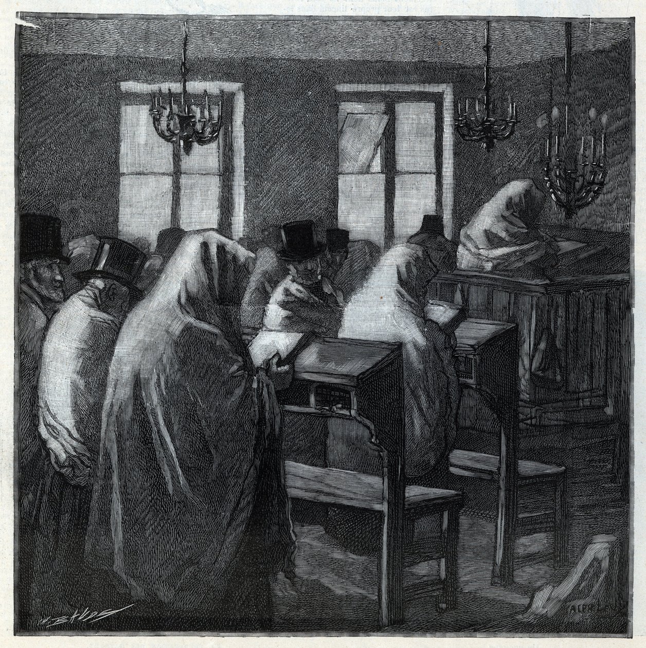 Jüdische Feste: Gläubige während des Gebets in einem Oratorium während der Feiertage. Gravur in „Le monde illustré“ von 1892. Private Sammlung. von Anonymous Anonymous