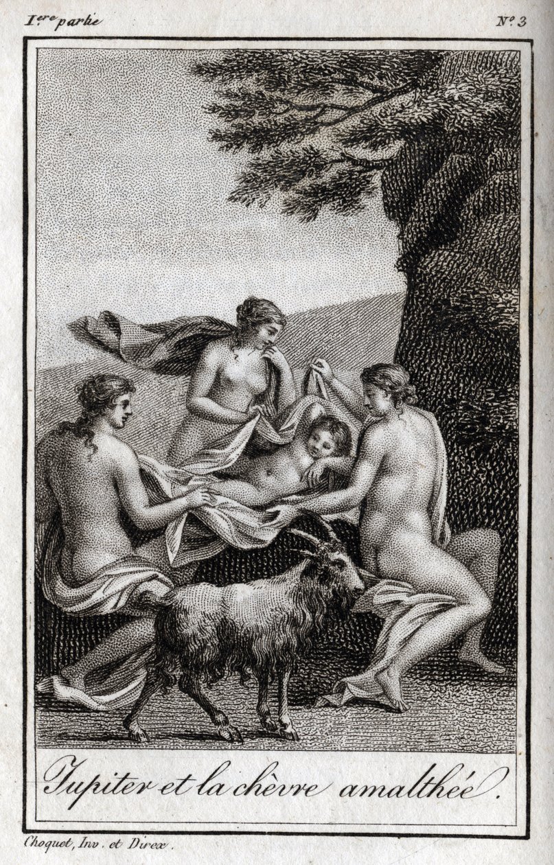 Jupiterkind wird von der Ziege Amalthea gefüttert. Gravur aus 1819 in „Lettres à Emilie sur la mythologie“ von Charles Albert Demoustier (1760-1801). Private Sammlung von Anonymous Anonymous