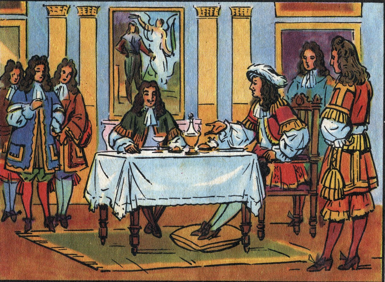 König Ludwig XIV. (1638-1715) empfängt den Komödianten und Dramatiker Jean Baptiste Poquelin genannt Molière (1622-1673) während eines Frühstücks in Anwesenheit des Hofes im Schloss von Versailles. Anonyme Illustration in 
