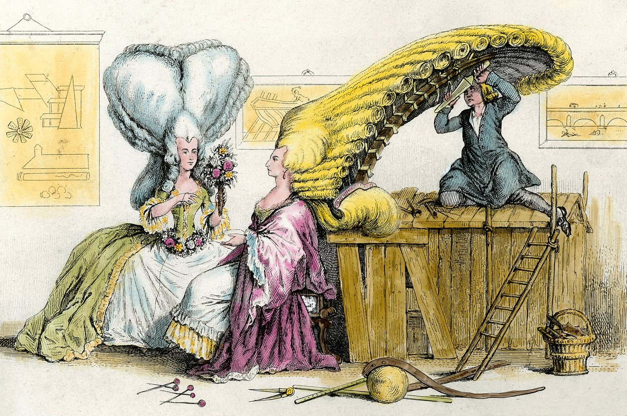 Große exzentrische Frisuren: junge Frauen des Adels mit Perücke gestylt. Gravur von 1788. Privatsammlung von Anonymous Anonymous