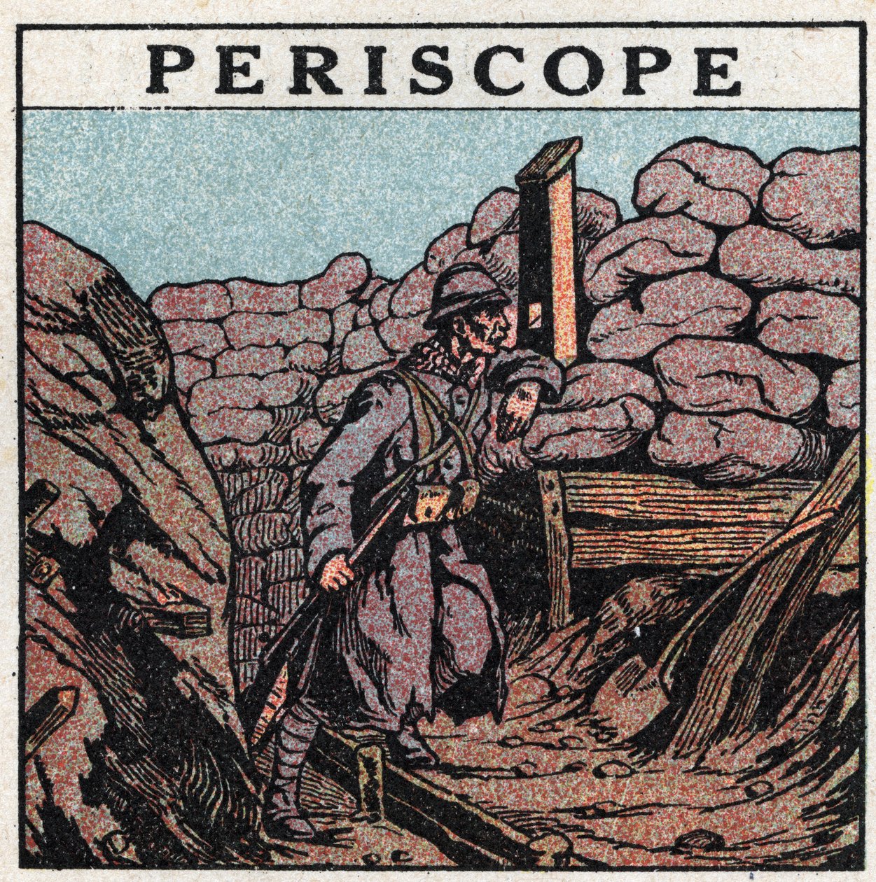 Lichtreflexion: Periskop, das während des Ersten Weltkriegs (1914-1918) von einem Soldaten in einem Graben verwendet wurde. Anonyme Illustration von 1925. Private Sammlung. von Anonymous Anonymous