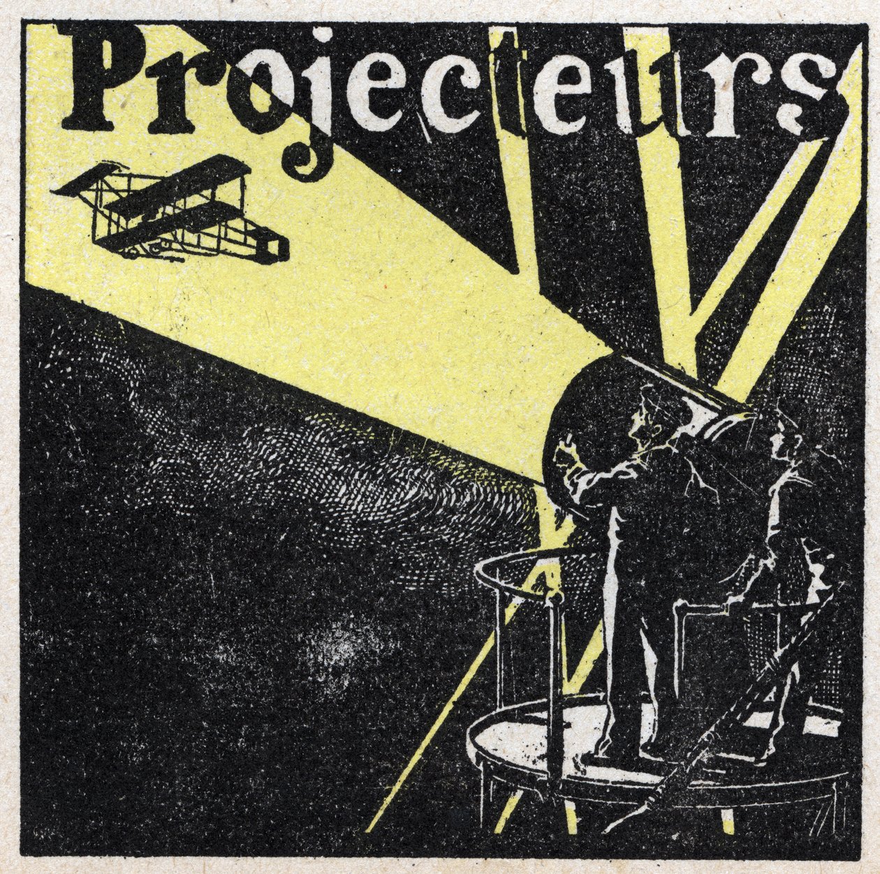 Lichtreflexion: Scheinwerfer, die verwendet werden, um ein Flugzeug nachts am Himmel zu orten. Anonyme Illustration von 1925. Private Sammlung. von Anonymous Anonymous
