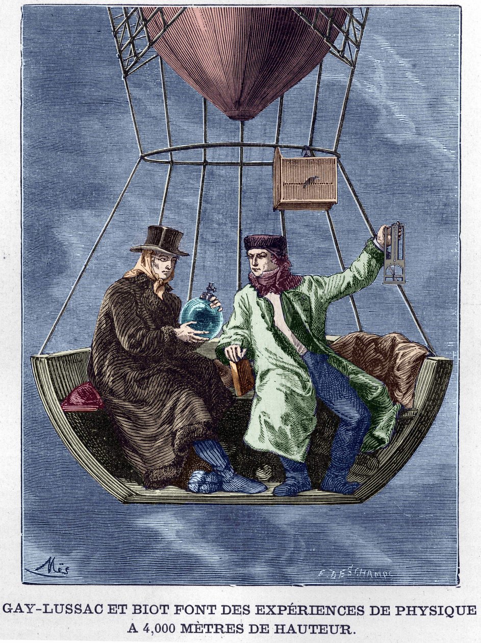 Louis-Joseph Gay-Lussac und Biot führen Physikexperimente in 4.000 Metern Höhe durch - in „Album de la Science; berühmte Wissenschaftler; Große Entdeckungen“ 1896 von Anonymous Anonymous
