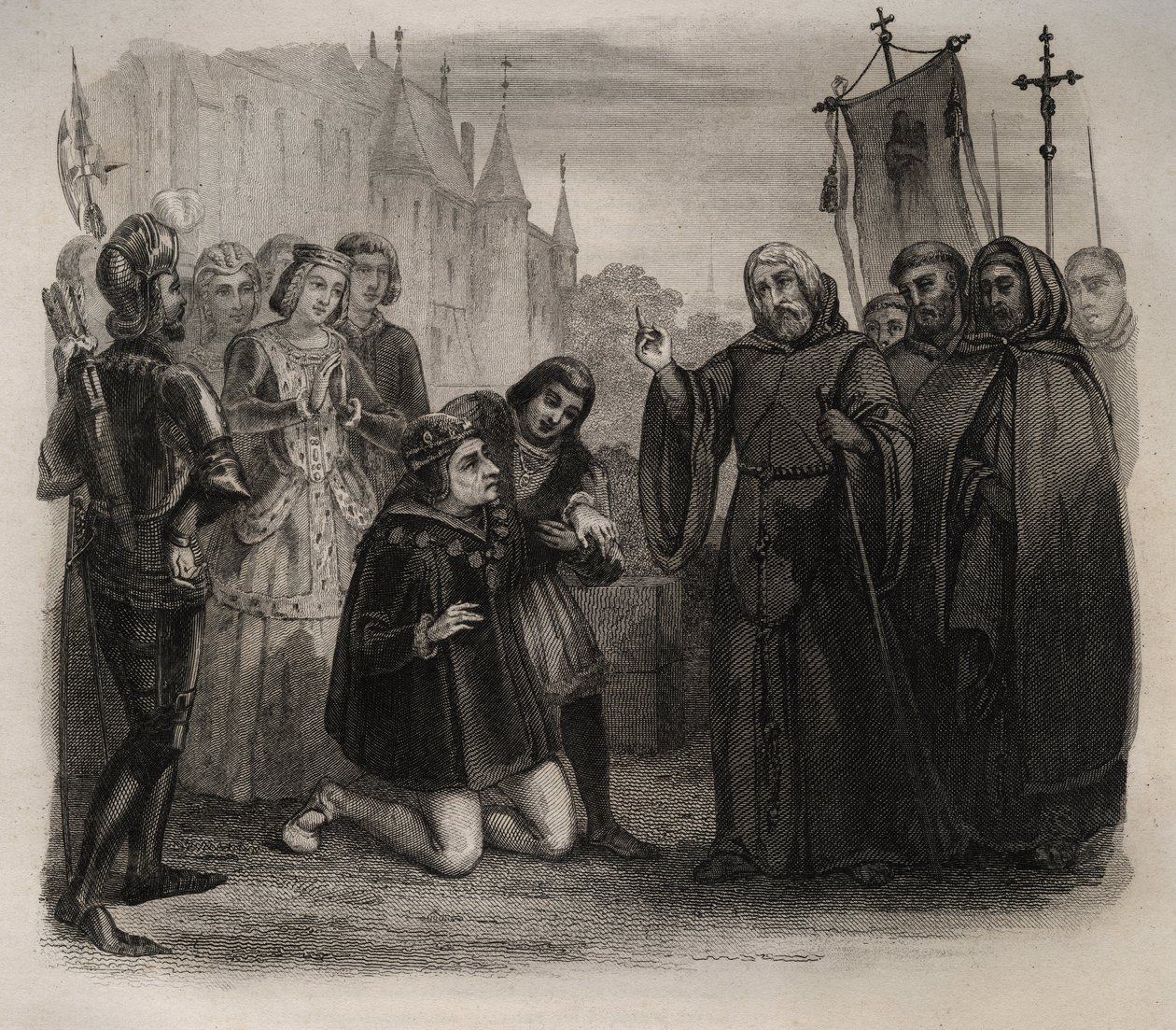 Ludwig XI. (1423-1483) bittet Franz von Paola (1416-1507) um Heilung. Gravur von 1846 in „Lives of the saints“. Private Sammlung. von Anonymous Anonymous
