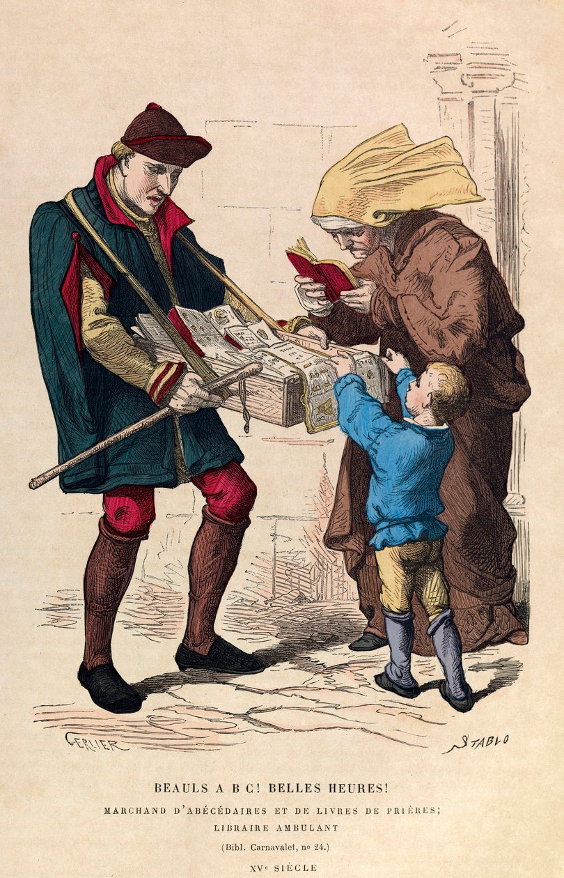 Buchhändler von Abecedaires und Gebetbüchern in Paris im 15. Jahrhundert. Reisender Buchhändler. von Anonymous Anonymous
