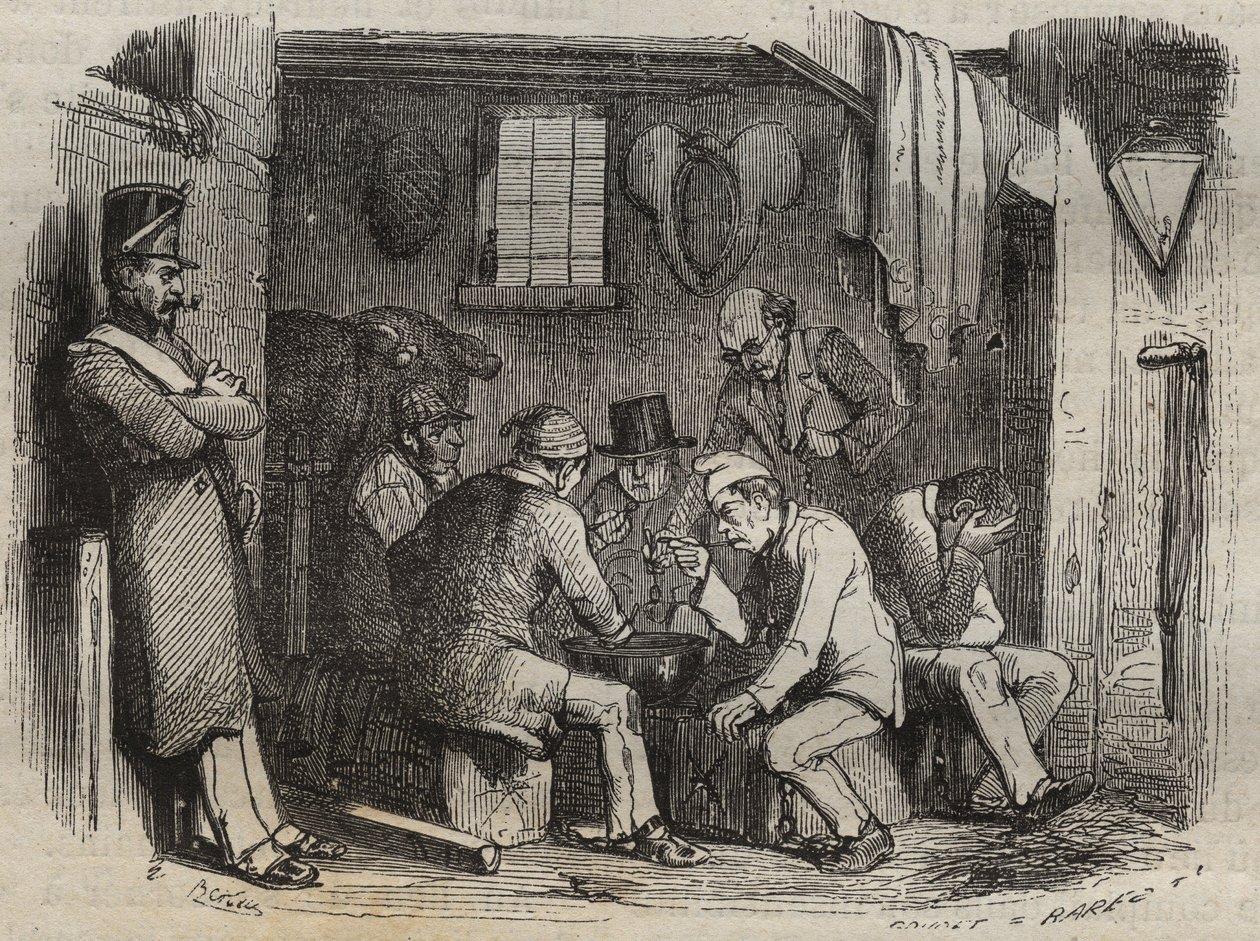 Mahlzeit der Sträflinge im Bagne de Rochefort im 19. Jahrhundert. Gravur in „Histoire des bagnes depuis leur création à nos jours“ (1877) von Pierre Zaccone (1817-1895). von Anonymous Anonymous